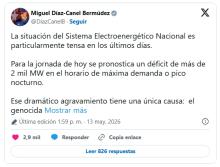 La Habana, 13 de mayo de 2026.— El Presidente de la República de Cuba, Miguel Díaz-Canel Bermúdez, denunció el nocivo impacto del bloqueo económico, comercial y financiero impuesto por Estados Unidos en el agravamiento de la situación energética del país.