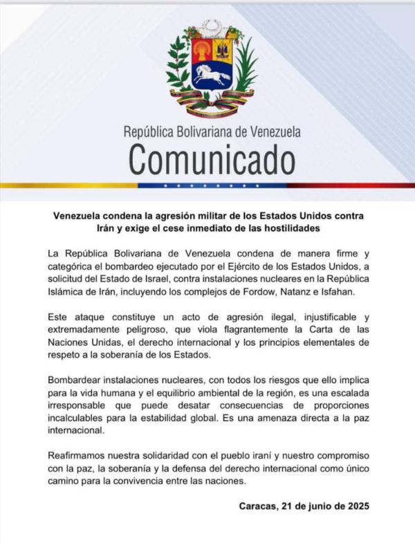 Venezuela condena la agresión militar de los Estados Unidos contra Irán y exige el cese inmediato de las hostilidades