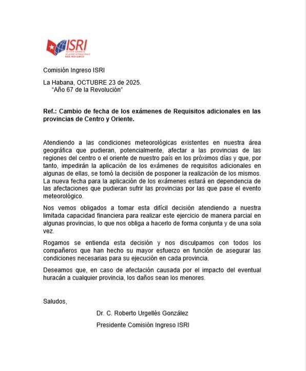 Cambio de fecha de los exámenes de Requisitos adicionales en las provincias de Centro y Oriente.