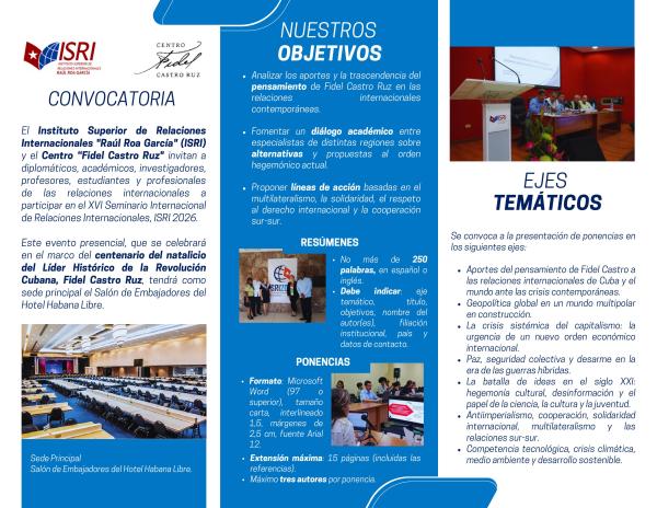 Convocatoria al Evento presencial  XVI Seminario Internacional de Relaciones Internacionales, ISRI 2026.