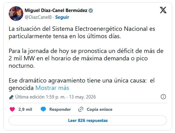 La Habana, 13 de mayo de 2026.— El Presidente de la República de Cuba, Miguel Díaz-Canel Bermúdez, denunció el nocivo impacto del bloqueo económico, comercial y financiero impuesto por Estados Unidos en el agravamiento de la situación energética del país.