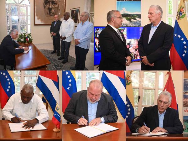 El Primer Secretario del Comité Central del Partido y Presidente de la República, Miguel Díaz-Canel Bermúdez, encabezó este lunes al mediodía la delegación del Gobierno cubano que visitó la sede de la embajada de la República Bolivariana de Venezuela en La Habana, con el propósito de firmar el libro de condolencias abierto en honor a las víctimas de los devastadores terremotos que sacudieron a la nación suramericana el 24 de junio pasado.