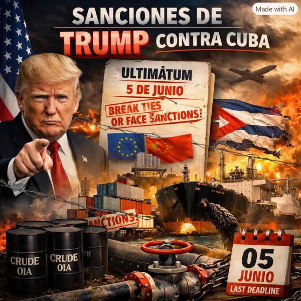 el presidente Donald Trump decreta nuevas medidas contra entidades extranjeras que operen en sectores vitales de la economía cubana, estableciendo el 5 de junio como fecha límite para que rompan vínculos