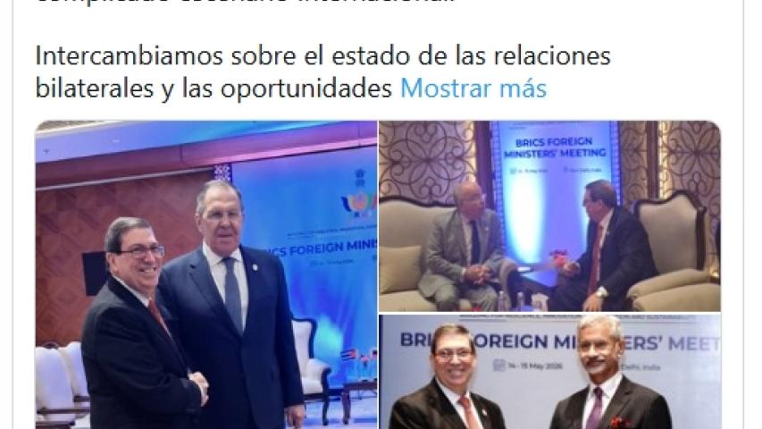 Nueva Delhi, 15 de mayo de 2026.— En el marco de la reunión de ministros de Relaciones Exteriores de los países BRICS, el canciller de Rusia, Serguéi Lavrov, expresó la voluntad de su país de brindar respaldo integral a Cuba frente al recrudecimiento del bloqueo económico, comercial y financiero impuesto por Estados Unidos.