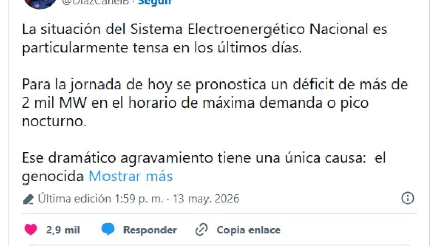 La Habana, 13 de mayo de 2026.— El Presidente de la República de Cuba, Miguel Díaz-Canel Bermúdez, denunció el nocivo impacto del bloqueo económico, comercial y financiero impuesto por Estados Unidos en el agravamiento de la situación energética del país.