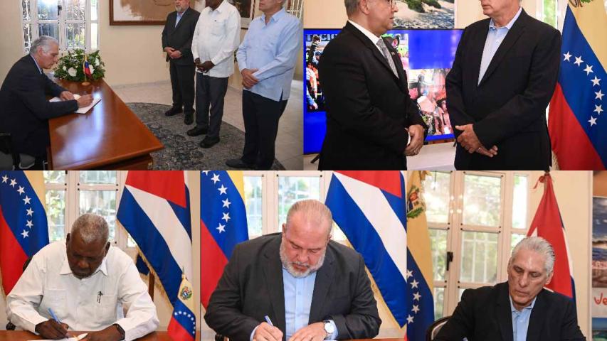 El Primer Secretario del Comité Central del Partido y Presidente de la República, Miguel Díaz-Canel Bermúdez, encabezó este lunes al mediodía la delegación del Gobierno cubano que visitó la sede de la embajada de la República Bolivariana de Venezuela en La Habana, con el propósito de firmar el libro de condolencias abierto en honor a las víctimas de los devastadores terremotos que sacudieron a la nación suramericana el 24 de junio pasado.